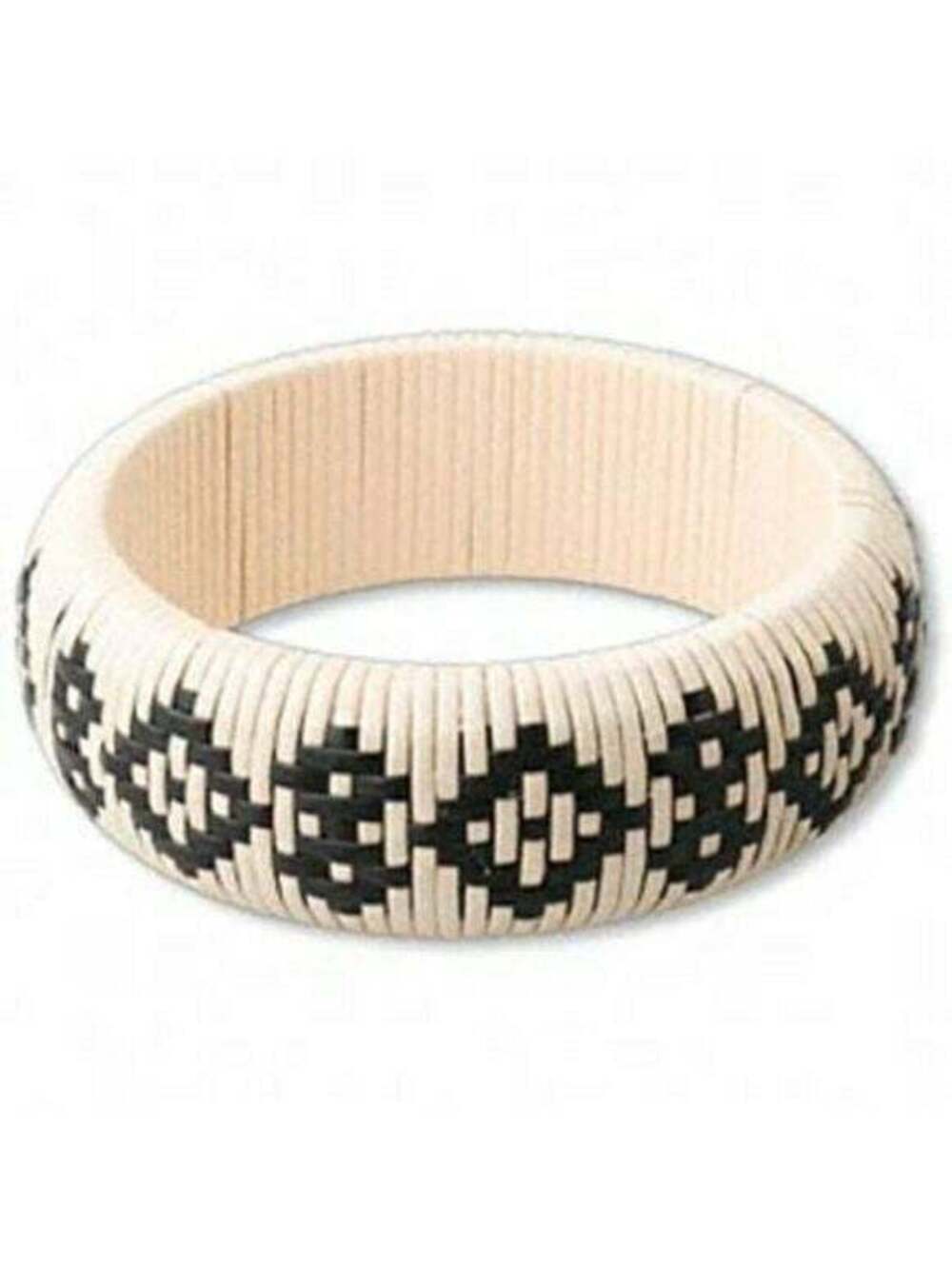 Tribal Diamond Black and Cream Rattan Wicker Bangle Bracelet Large